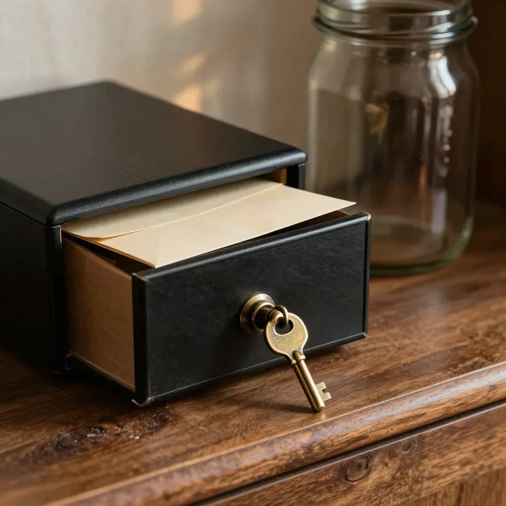 Macro savings nook with lockbox, sealed envelope, brass key, and glass goal jar