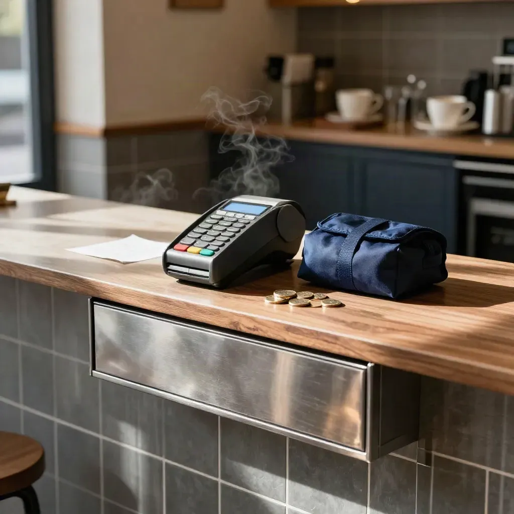 Cafe till with card terminal, deposit pouch and cash drawer closing in warm steam.