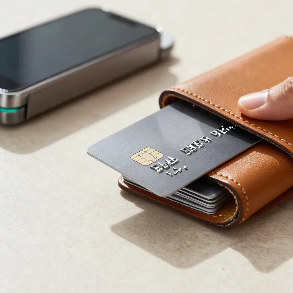Matte debit cards sliding from a leather sleeve beside a terminal and phone dock on travertine.