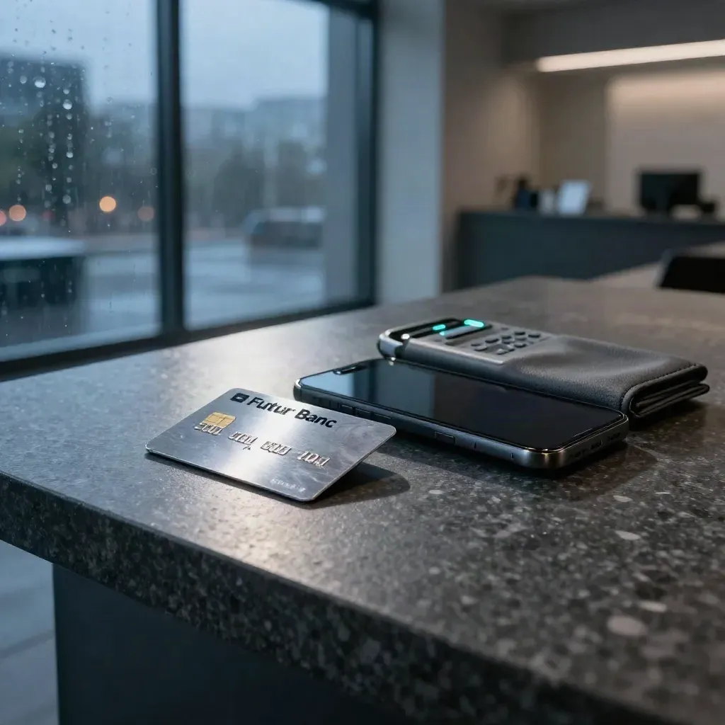 Premium banking kit on dark stone by rain-dappled glass at blue hour