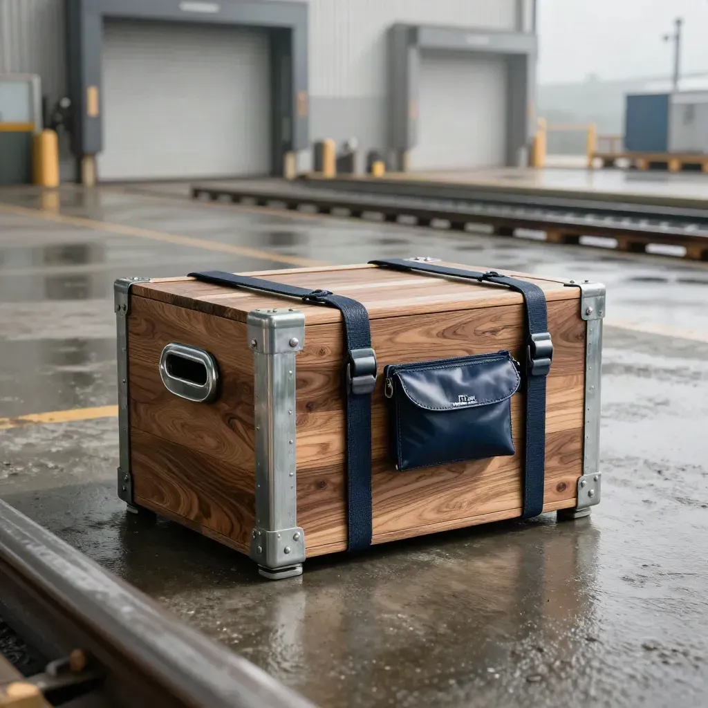 Strapped import crate and navy remittance pouch on a misty receiving dock