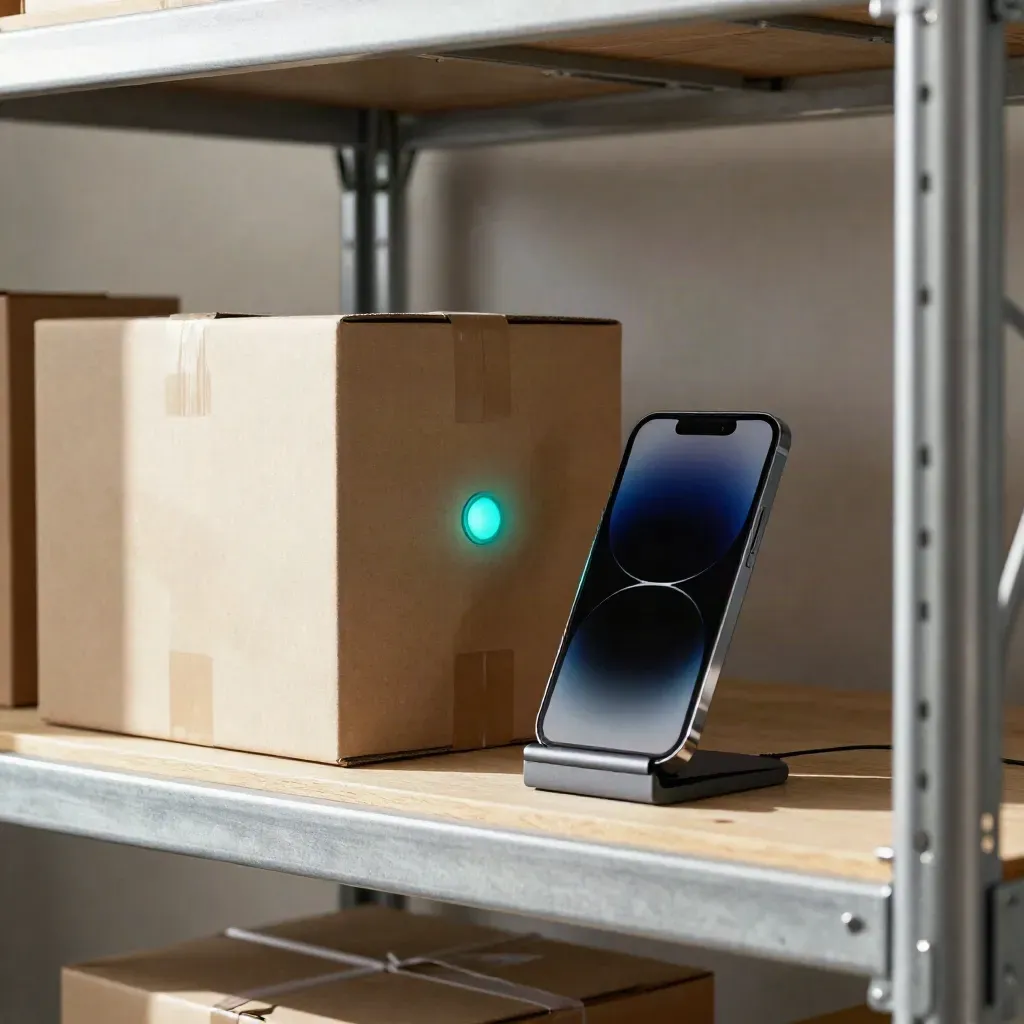 Sealed vendor boxes on a shelf beside a teal status beacon and phone stand.