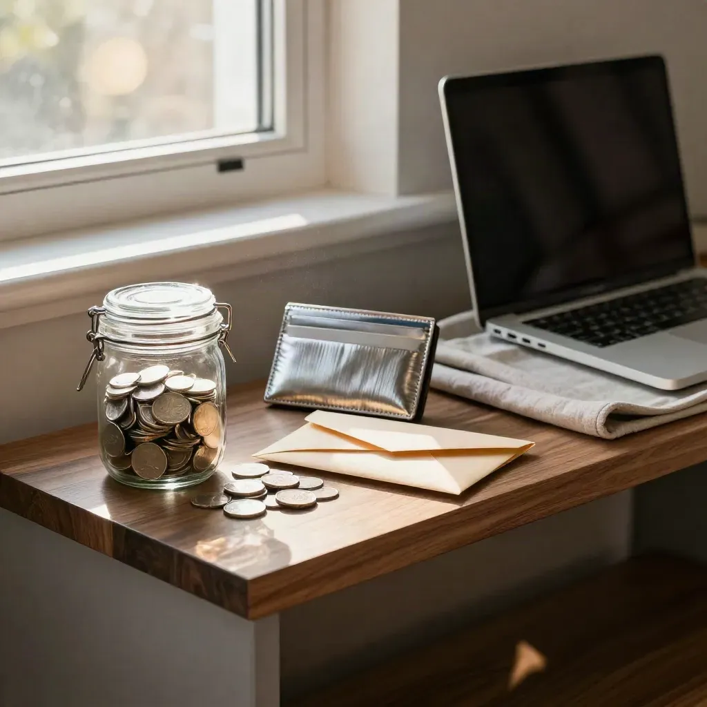Home studio shelf with a savings jar, silver card wallet, sealed cash envelope, and closed laptop.