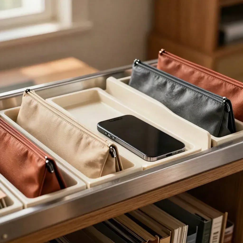 Treasury shelf with cash pouches, folder dividers, and a charging phone in warm daylight.