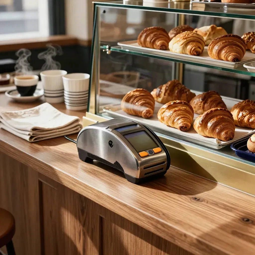 Brooklyn café counter with terminal, till, and pastry case in warm morning light