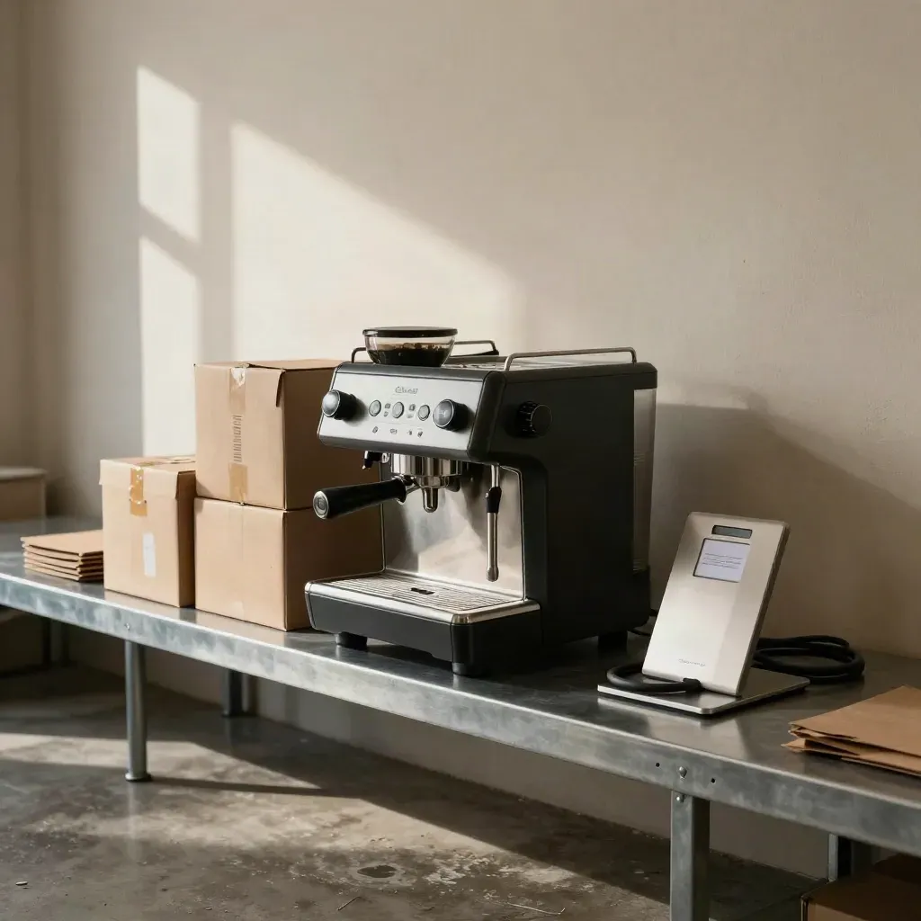 Espresso machine, POS stand, and stock boxes in a café back room with morning light