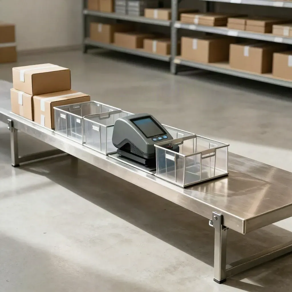 Stockroom bench with card terminal, inventory bins, and sealed boxes under soft warehouse light.