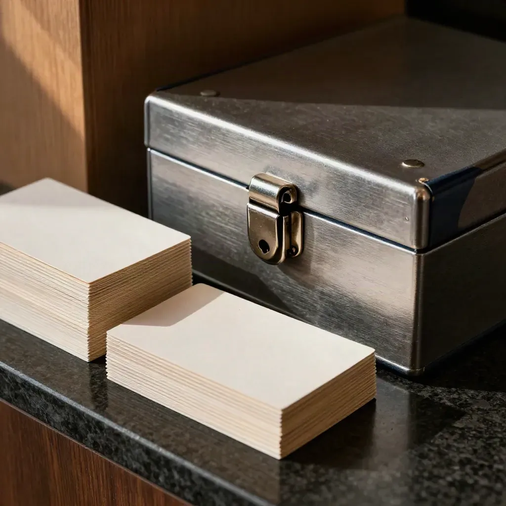 Macro of cards, lockbox, and loan file box on a dark stone ledge.