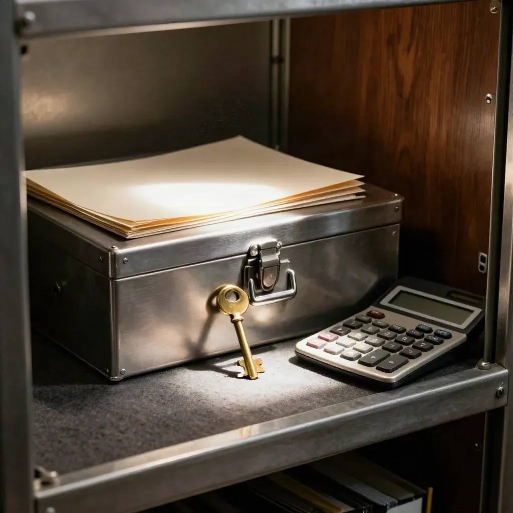 Brass key, locked metal file box, and calculator on dark felt in dramatic light.
