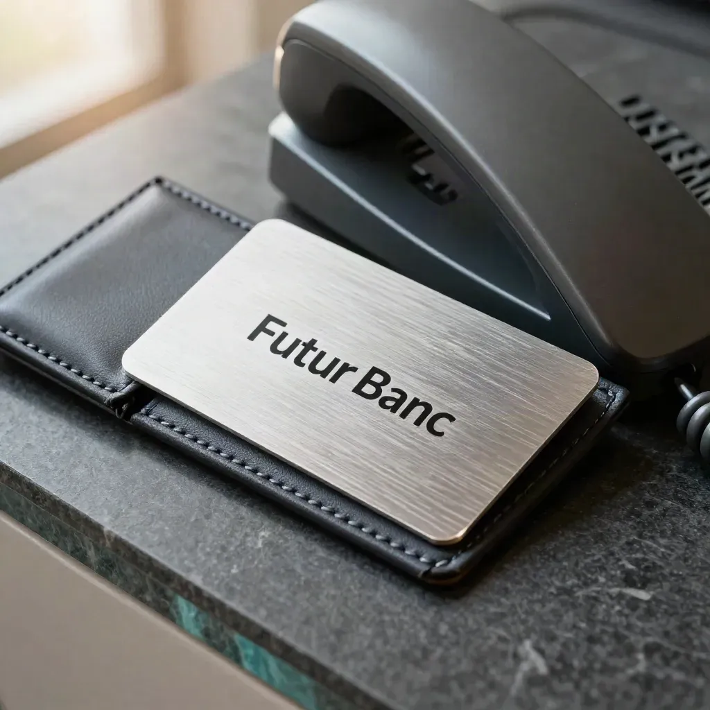 Macro still life of a metal business card, card sleeve and phone cradle on dark stone.