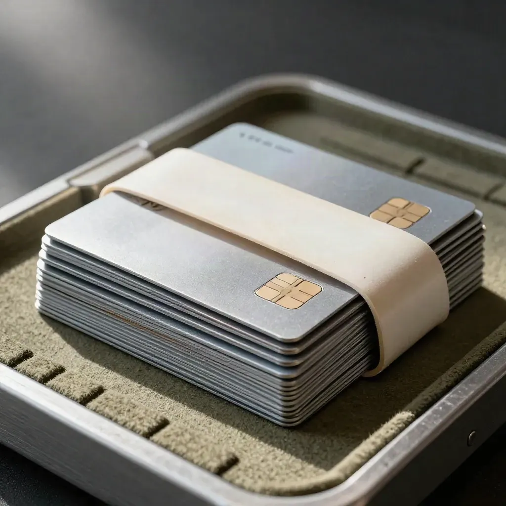 Macro fan of payment cards and sleeves under raking light on a felt tray.