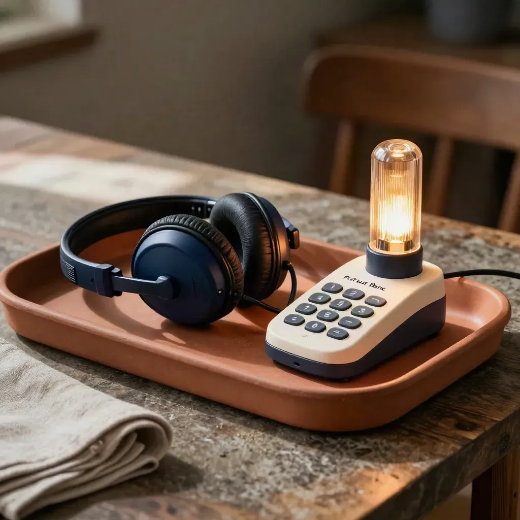 Headset, phone base and glowing status lamp on a terracotta tray under soft daylight.