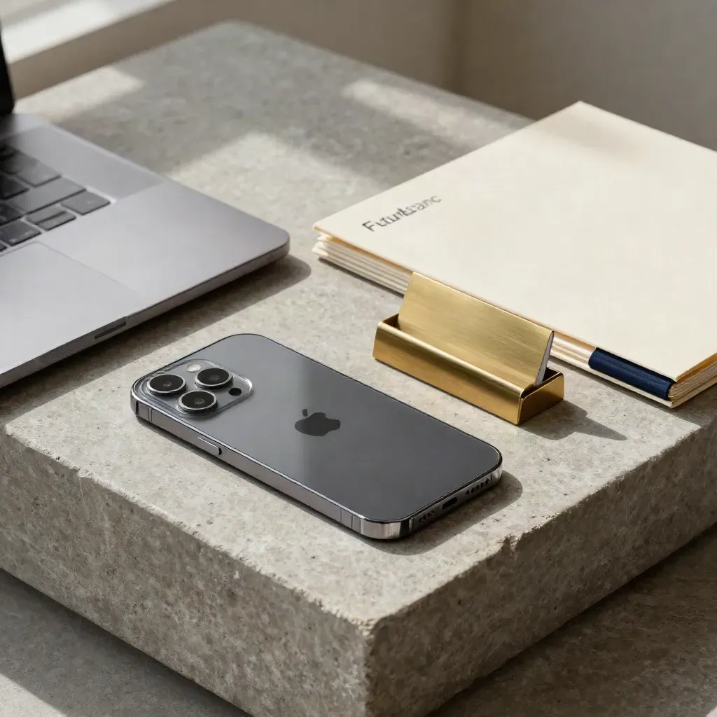 Overhead stone tray with a phone, laptop edge, brass card and folder in soft light.