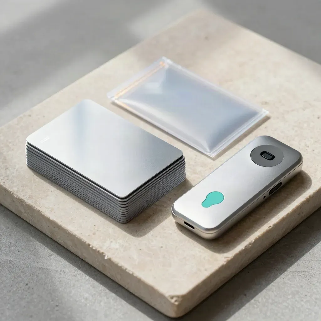 Top-down flatlay of debit cards, transfer pouch and NFC reader on stone tray.