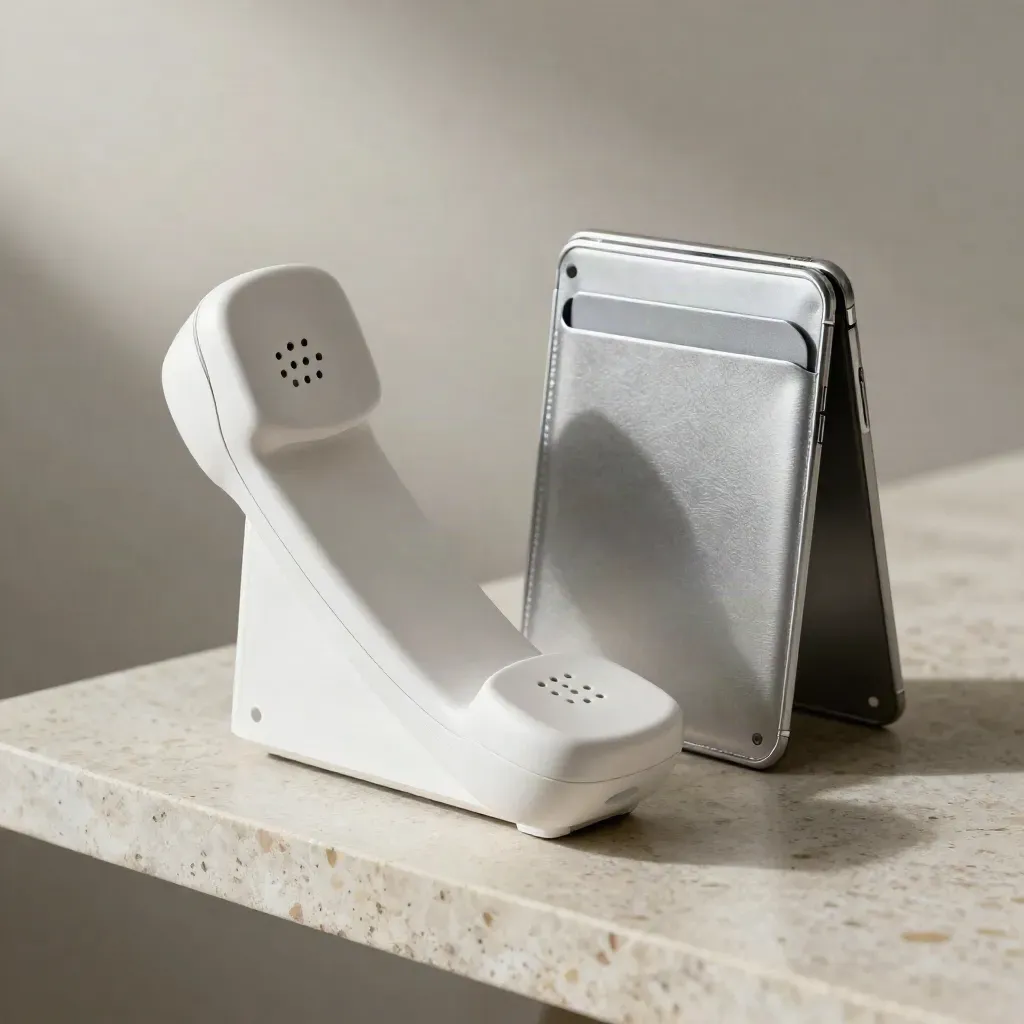 White phone dock, card sleeve, and support handset on a pale stone shelf.