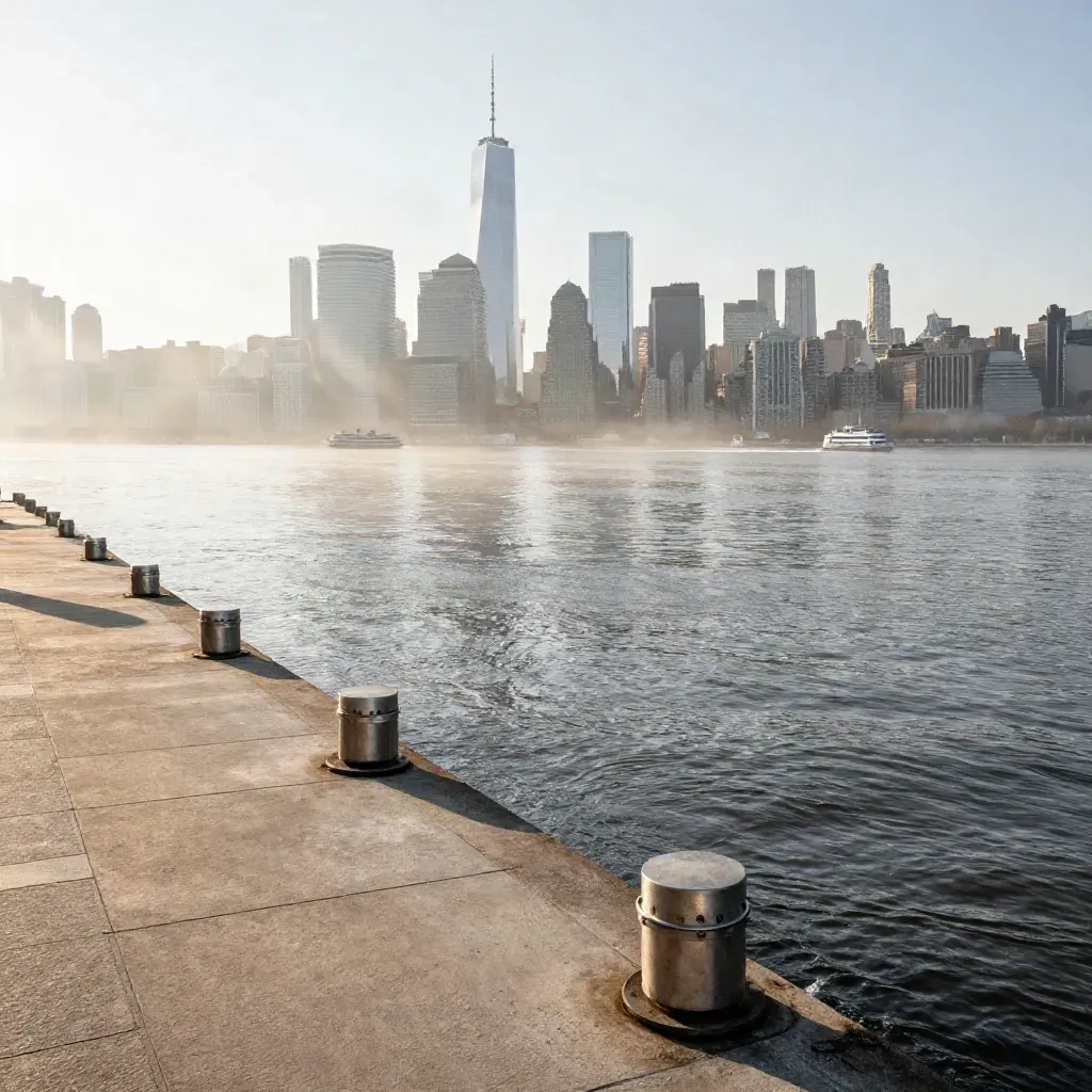 Hazy sunrise skyline over the Hudson with a ferry wake and quiet pier water below.