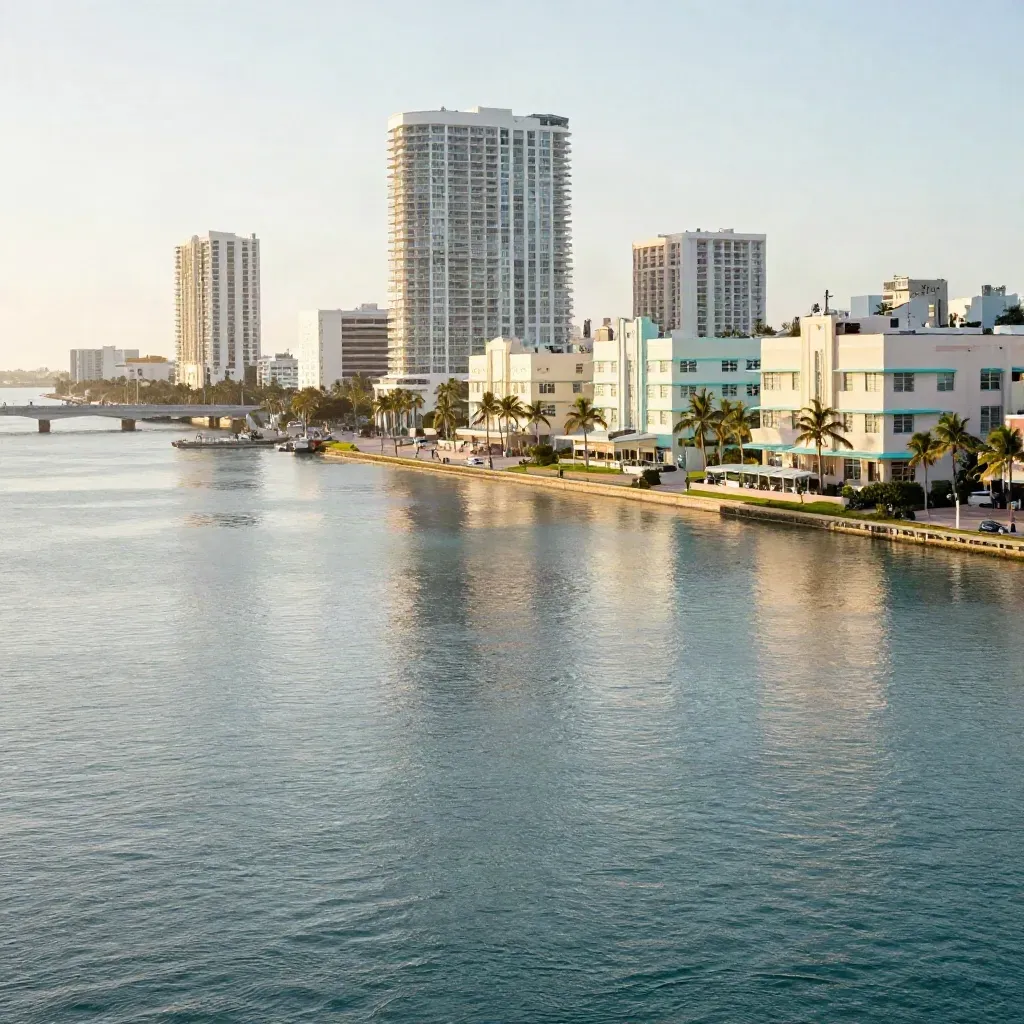 Miami Art Deco shoreline and bayfront at dawn from a high bridge overlook