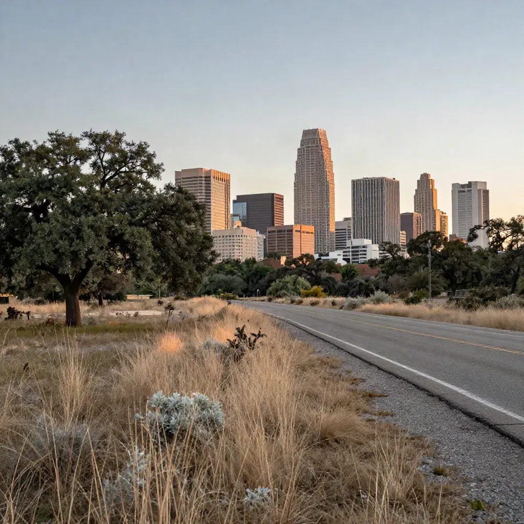 Austin skyline above a hazy prairie road at sunset, with open grass and live oaks