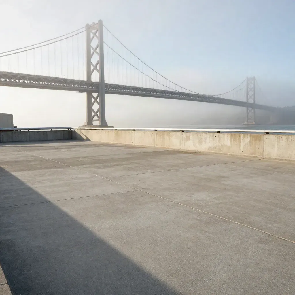 Fog-softened Bay Bridge above a calm concrete overlook in evening light